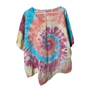 Kaktus spiral tie dye 100% linen asymmetrical tunic top womens M oversized
